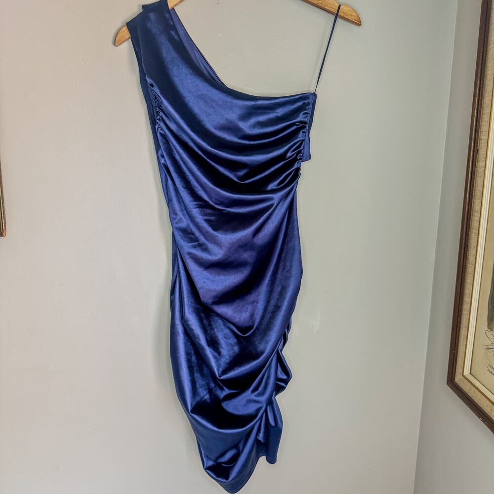 GB Gianni Bini Blue Satin One Shoulder Ruched Bodycon Mini Dress Size 7 - Picture 12 of 12